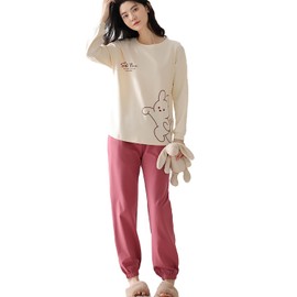 Kayuuhin Women's Pajamas, Long Sleeve, 100% Cotton, Includes Cups, Loungewear, Top and Bottom Set, Spring, Autumn, Cute, Loose, Round Neck, Pullover, Soft, Sweat Absorbent, Breathable, Sleepwear,