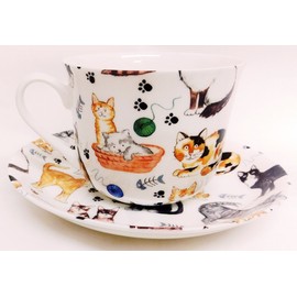 Cats Breakfast Cup & Saucer Fine Bone China Large Cats Collage Cup & Saucer Hand Decorated in The U.K.