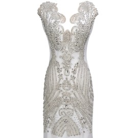 Aphlos White Rhinestone Beaded Applique for Dresses, 31.3"x15.3" Handcrafted Crystal Patch with Glass Beads for Gowns, Bridal Wear, Dance Costumes, DIY Clothing Embellishment, Easy to Sew on Fabric