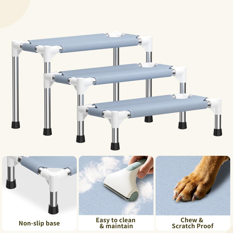 13 Inch 3-Tier Dog Stairs, Cotton Fabric Steps with Non-Slip