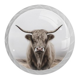 NEWzone 4 Pack White Cabinet Knobs, Highland Cow Decorative Kitchen Cabinet Drawer Knobs, Round Handle for Dresser Drawer Kitchen Closets Furniture Cupboard Door