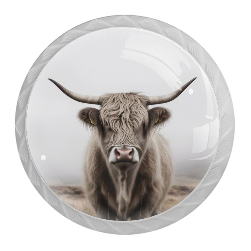 NEWzone 4 Pack White Cabinet Knobs, Highland Cow Decorative Kitchen