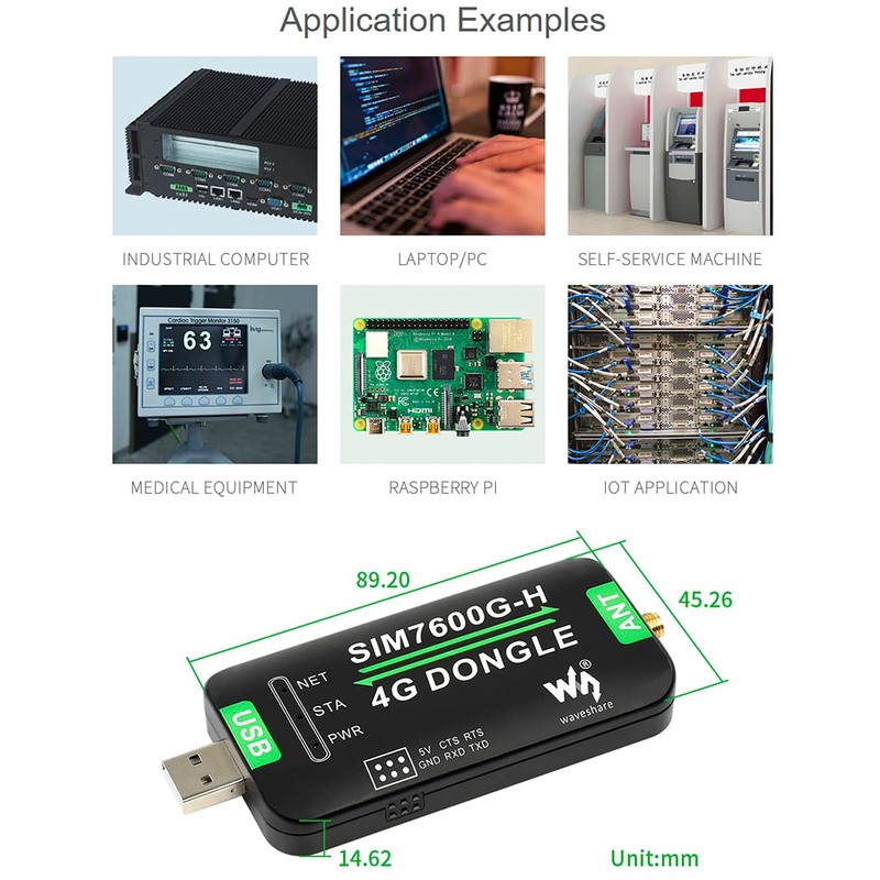 SIM7600G-H 4G DONGLE with Antenna, Industrial Grade 4G USB/UART, Communication