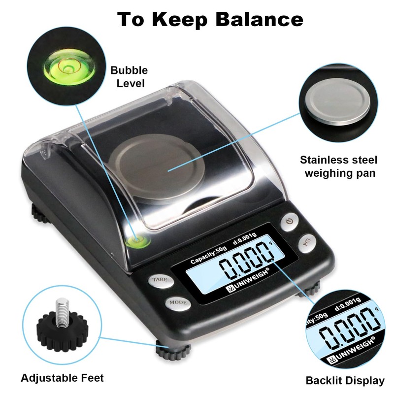UNIWEIGH Digital Milligram Scale Accurate 0.001g/50g,Precision mg Scale for Jewelry,Powder,Gold,Gem,Reloading