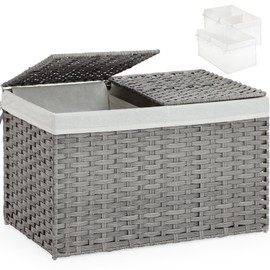 SETVSON Storage Basket with Lid Wicker Baskets for Storage with 2 Separate Lid 42.3 Gallon (160 L) 29.9 x 17.3 x 18.1 Inches Rattan Woven Large Wicker Basket with 2 Liners for Bedroom Laundry Gray