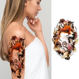 Color Animal Temporary Tattoo For Women Half Sleeve, Large Realistic Fox Wolf Lion Fake Tattoo Adult Girl Thigh Chest, 3D Watercolor Horse Elk Temp Tatoo Sticker Arm Back Body Art Makeup, 8-Sheet