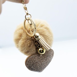Xsclpomddy Pom Pom Keychain Fluffy Ball Tassels Tote Pendant with Heart Crystal Rhinestone for Car Phone Key Ring Bag Charm,light brown