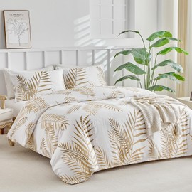 Lekesky Queen Duvet Cover Set, White and Gold Tropical Palm Leaf Pattern Comforter Cover Queen Size, 3 Pieces Soft Microfiber Bedding Sets with Zipper & 2 Pillowcases, Comforter Not Included