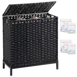 SETVSON Laundry Hamper with Lid 132 L, (35 Gallons) Clothes Hamper with Lid, Handwoven Rattan Laundry Hamper with Metal Heightened Feet, Laundry Hampers with 3 Removable Liner Bags for Laundry-Black