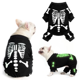 EXPAWLORER - Pijama de Halloween para perro, disfraz de esqueleto que brilla en la oscuridad, ropa de invierno cálida, suave y elástica, con mangas para niños, niñas, perros, gatos, talla M