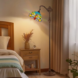 Capulina Tiffany Floor Lamp Blue Orange Dragonfly Style Stained Glass Arched Gooseneck Adjustable Angle Floor Lamp for Living Room Bedroom Home Office