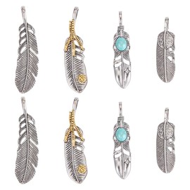 GORGECRAFT 1 Box 8PCS Silver Golden Alloy Big Feather Turquoise Pendant Stainless Steel Silver Feather Charms Necklace Feather Dangle Antique Charms for Diy Key Chain Jewelry Making Findings
