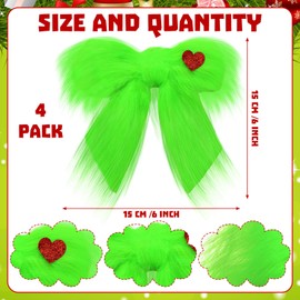 RoundFunny 4 Pcs Christmas Large Green Furry Bow with Red Heart Lime Green Christmas Tree Topper Bow Decoration Gift for Xmas Home Decor Outdoor Indoor Car Ornament
