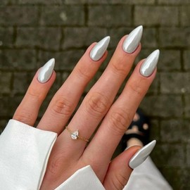 Gray Glazed Donut Press on Nails Almond, Smoky Chrome Nails Press ons for Women, Thick Aurora Glue on Nails Medium Length, Reflective Mirror Shinny Acrylic Nails Light Weight & Fit Perfectly