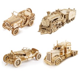 ROKR Car Model Mechanical Wooden 3D Puzzle Self Assembly Kit Boys Teens Toy Gift - 4 Pack