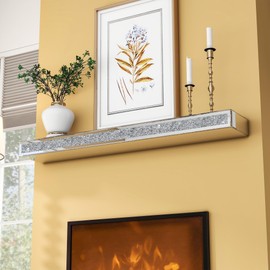 blingworld Mirrored Fireplace Mantel 60 Inches, Handcrafted Glass Mantles for Over Fireplace, Crystal Crushed Diamond Fireplace Mantel Shelf, Wall Mounted Floating Fireplace Mantels, Silver
