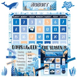 Justforjoyful Ocean Sea Calendar Bulletin Board Set for Classroom Decoration Sea Animals Calendar Seasons Weather Chart Ocean Theme Fish CTP Bulletin Board Paper-Cuts for Teachers Elementary School