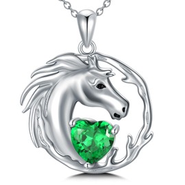 LONAGO Horse Necklace 925 Sterling Silver Horse with Birthstone Pendant Necklace for Women, Sterling Silver, Cubic Zirconia