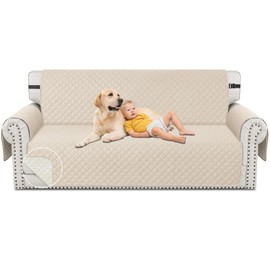 XINEAGE Couch Covers for 3 Cushion with Pockets and Non Slip Straps Water Resistant Sofa Slipcovers for Living Room Soft Thick Furniture Protector for Pets Dogs Kids (Large, Beige)