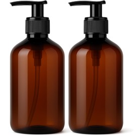ISOLATECH Set of 2 500 ml Bathroom Soap Dispenser Bottles Set with Black Dosing Pump - Brown PET Empty Bottles, Refillable for Shower Gel, Shampoo, Body Lotion - Includes 10 Labels