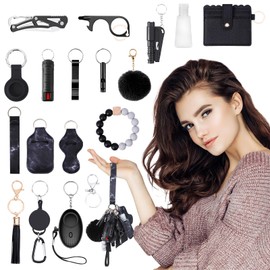 AMIR Safety Keychain Set for Women, Wristlet Strap Keychain with Personal Alarm and Pom Pom Accessories Kit, Gifts for Women and Girls