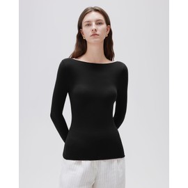 SUUKSESS Cloud Cashmere Women Boat Neck Fitted Long Sleeve Shirts Basic Knit Going Out Tops (Black, XS)
