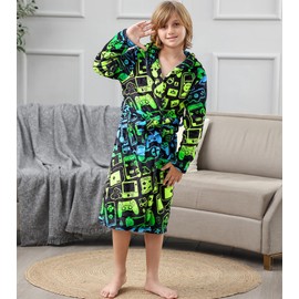 uideazone Boys Robe Size 9-10 Soft Hooded Bathrobe Kids Gamer Fleece Bath Robes Warm Pajamas Sleepwear