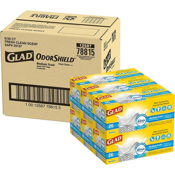 Glad Medium Quick-Tie Trash Bags - OdorShield 8 Gallon White Trash Bag, Febreze Fresh Clean - 26 Count - Pack of 6 (Package May Vary)