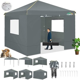 COBIZI 10x10 Pop Up Canopy Tent with 4 Sidewalls and Mesh Windows 2.0, Waterproof Commercial Instant Gazebo Outdoor Tents for Party/Exhibition/Picnic with Carry Bag,4 Stakes & Ropes (Gray)