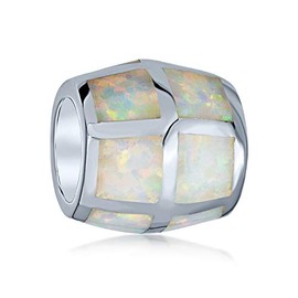 White Created Opal Inlay Barrel Charm Bead For Women For Teen .925 Sterling Silver Fits European Bracelet