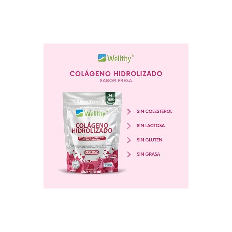 Wellthy Colágeno Hidrolizado Vitamina Magnesio Marino 360g Sabor Fresa Sugar