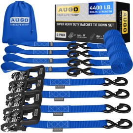 AUGO Heavy Duty Ratchet Straps & Soft Loops – Pack of 4 Extra Strong 1.5” by 10’ Ratchet Straps w/S-Hook Safety Latches & 4 Soft Loop Tie Downs – 4400Lb Break Strength for Motorcycles, ATVs, Etc.