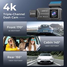 DIWYJ 3-Channel 4K Dash Cam, Front 4K + Interior & Rear 1080P, 3.39" IPS Touchscreen, Fisheye Wide-Angle Lenses, WiFi App, Parking Mode, G-Sensor, Supercapacitor, 64GB Card Included