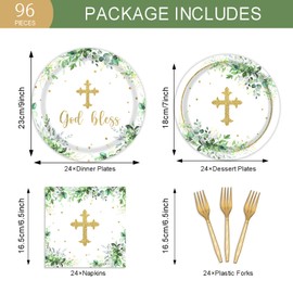 Greenery God Bless Paper Plates and Napkins, 96 Pcs Baptism Tableware Set Include Mi Bautizo Disposable Plates Napkins Forks for Eucalyptus Leaves Party Supplies Serve 24 Guests
