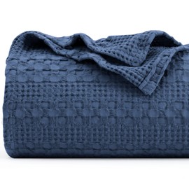 PHF 100% Cotton Waffle Weave Blanket Queen Size - Washed Soft Lightweight Blanket for All Season - Breathable and Skin-Friendly Blanket for Couch Bed Sofa 90"x90" - Navy Blue