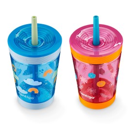 Contigo Vaso para niños a prueba de derrames de 14 onzas con popote y plástico última intervensión de BPA, paquete de 2 flores silvestres de fruta de dragón y nubes de amapola azul