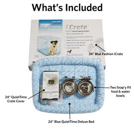 MidWest iCrate Starter Kit - 24-Inch Crate Ideal for Small Dogs, Includes Crate, Bed, Bowls & Cover (Blue)