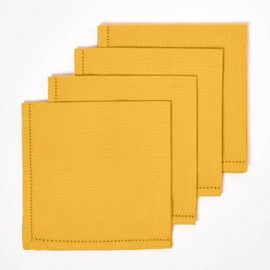 HOMESCAPES Set of 4 fabric napkins, mustard yellow, 45 x 45 cm, yellow napkins with hemstitch, table napkins made of 100% cotton