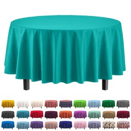 Party Solids 84In Round Teal Plastic Tablecloth Disposable Heavy Duty For Parties Events