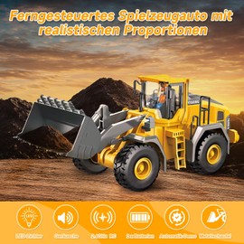 Remote Control Wheel Loader Toy, RC Sprocket Loader with Light & Sound & Metal Shovel, 2.4GHz, 1:24 Scale Reduction, Construction Vehicle Gift for 6-12 Boys Girls