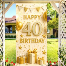 HOMETITUTE 40th Birthday Door Cover 71x35 Inch White and Gold Birthday Banner for Party Decorations Gift Box Backdrop Sign for Women Men Party Supplies Wall Porch
