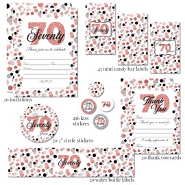 Cheers to 70 Years Milestone Rose Gold Confetti Polka Dot Birthday Party Decoration Bundle for 70th Includes 20 Invitations & Thank You Cards & Envelopes + 3 Sizes of Stickers & Water Bottle Labels!