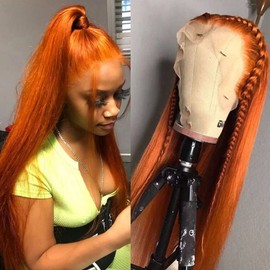 NICY Orange Ginger Straight Lace Front Wig Human Hair Malaysian Bone Straight HD Transparent Lace Front 13x4 TPart Lace Wig（22inch）