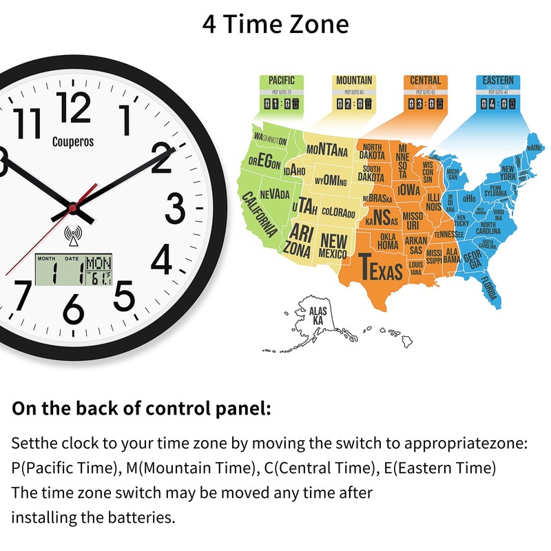 Couperos Analog Wall Clock,12inch Atomic Clock with LCD Display for