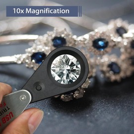 10X Rechargeable Jewelers Loupe Magnifier with UV & LED Lights, Four Types of Light, 22mm Triplet Lens, Pocket Eye Loupe Jewelry Loop Magnifying Glass for Diamond, Gemstone, Currency, Coins, Stamps