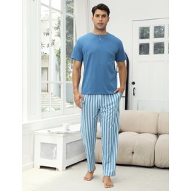 TeJoyce Mens Pyjamas Set Cotton Short Sleeve and Pants 2 Piece PJ Set Soft Comfy Loungewear O-Nect Men's Nightwear Set with Pockets Blue
