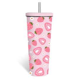 WWHSAI Strawberry Tumbler 24oz, Travel Stainless Steel Tumbler Keeps Drinks Cold & Hot, Double Wall Vacuum Insulated Coffee Cup, Strawberries Festival Gifts for Strawberry Lovers Girls Women Sister