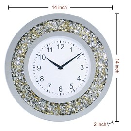 Wall Clock Decor Crushed Diamond Mirror Bathroom Clocks Wall Crystal Decorations for Home, Living Room(Golden-Round 35CM(A))