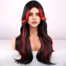 WTHCOS Black Red Ombre Wigs for Women Gilrs Long Curly Wavy Black And Red Wig With Curtain Bangs Heat Resistant Synthetic Wigs for Cosplay Costume Party