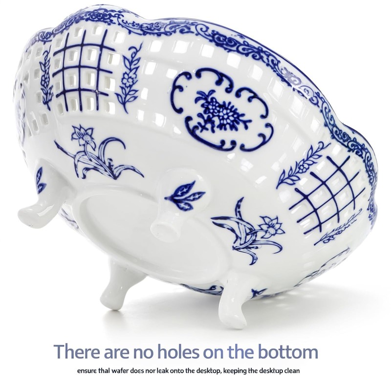 UANYEMON 9.8‘’ Blue and White Ceramic Decorative Bowl with Feet,